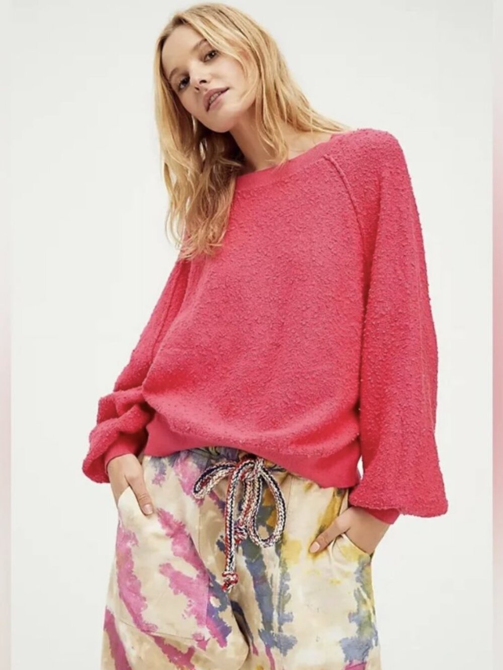 Free People Found My Friend Boucle Pullover Sweater Rock Candy Pink Size Medium